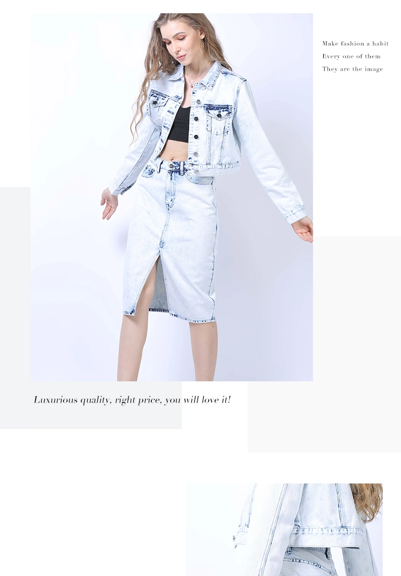 Women Clothing OEM&ODM Nice Bleached Color with Snow Wash Short Jackets with Long Sleeves Straight Fit Skirt Ladies Denim Suits Jeans