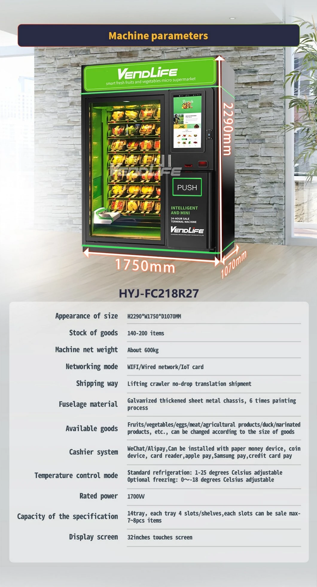 Micro Supermarket Fruit&Vegetable Cold Food Vending Machine Bread Machine Kiosk Fresh Frozen Food Smart Vending Machine